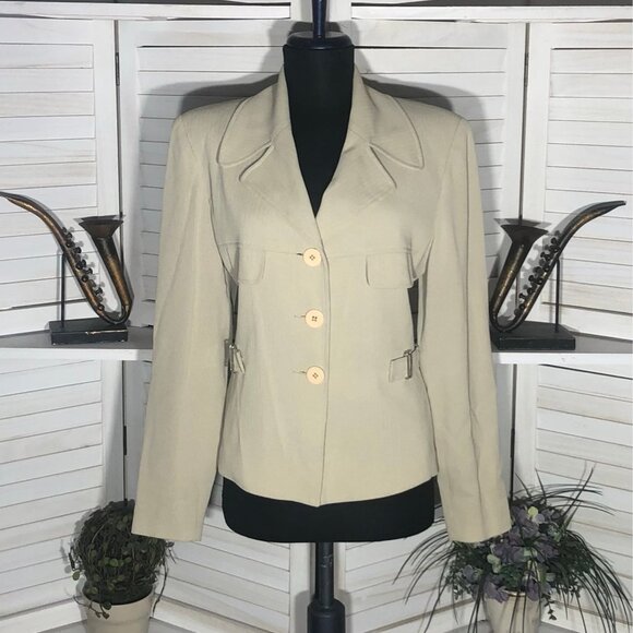 Vintage 80s Garfield & Marks Blazer Large Buttons Faux Front Pockets Beige 6 - Picture 5 of 15